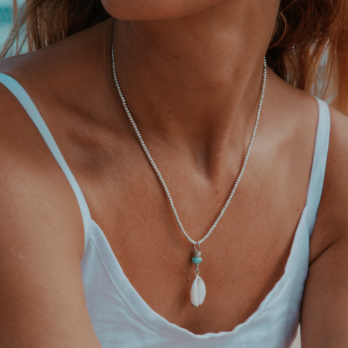 Ocean Cowrie Necklace with Larimar