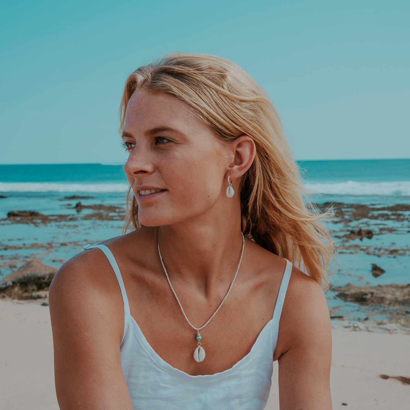 Ocean Cowrie Necklace with Larimar