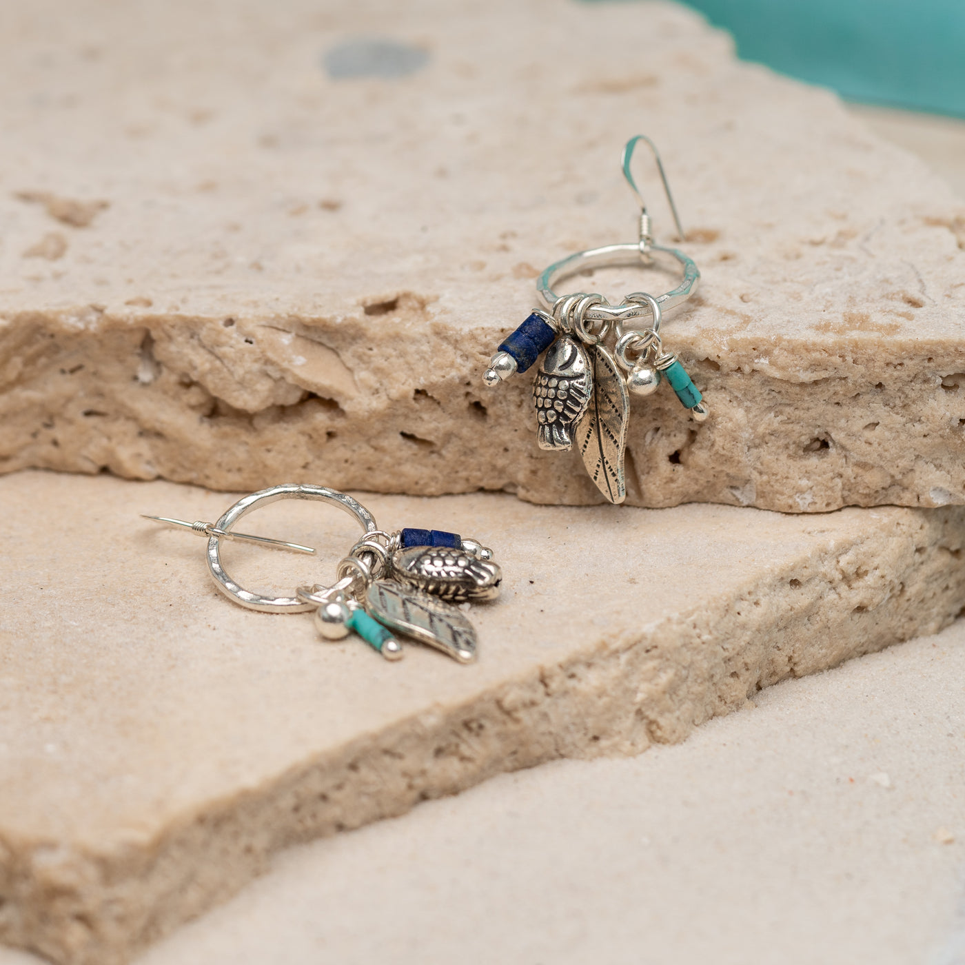 Marine Life Turquoise Hoops with Lapis Lazuli
