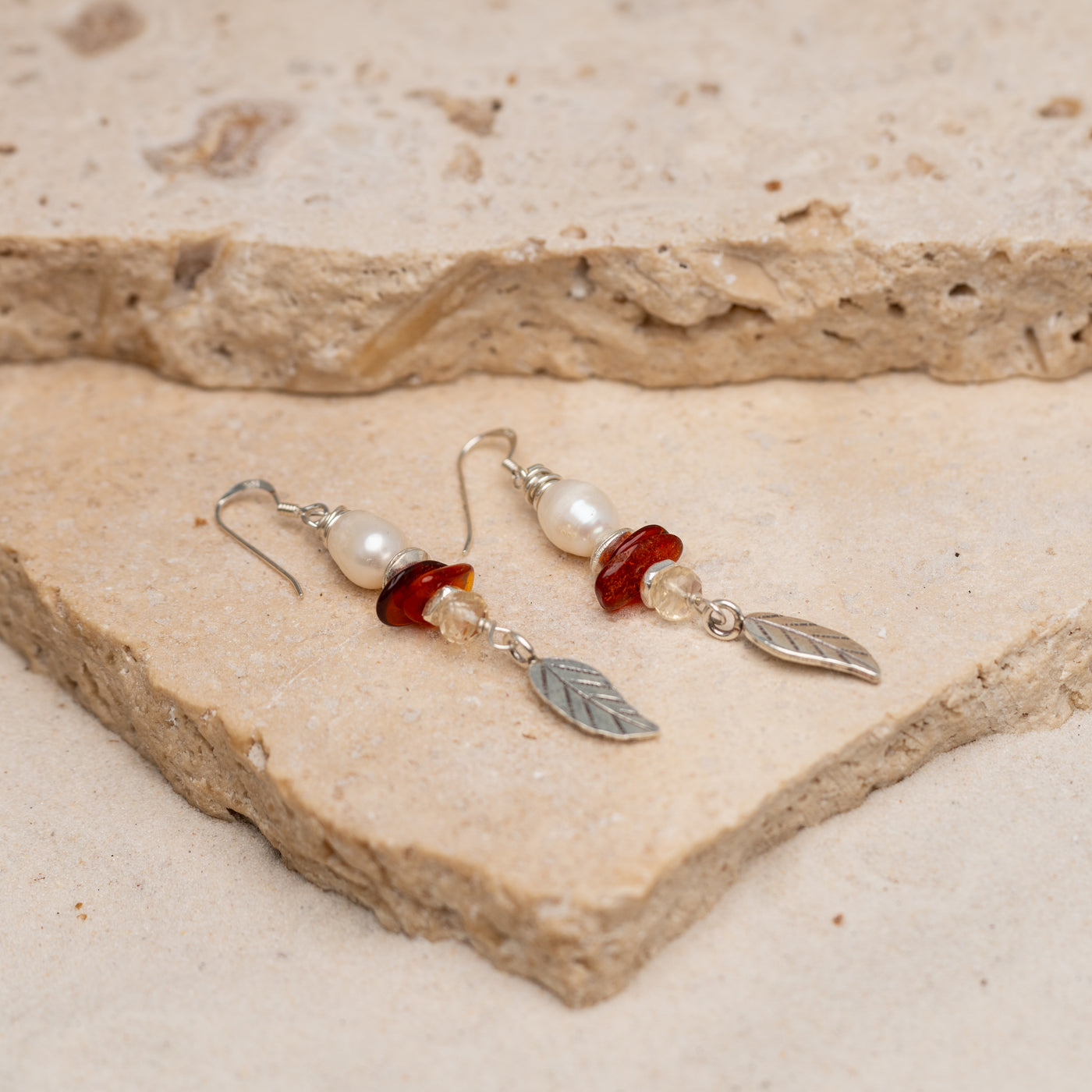 Amber Leaf Drops with Citrine and Pearl