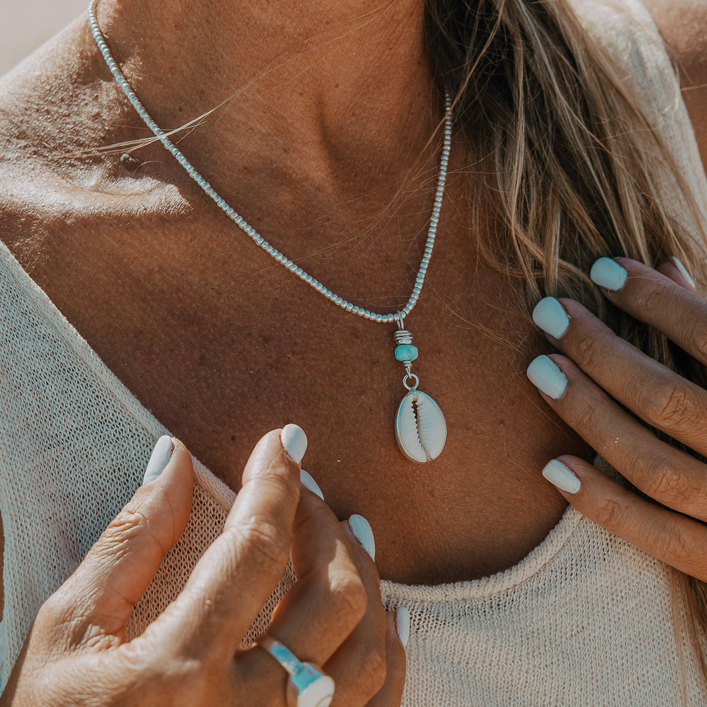 Ocean Cowrie Necklace with Larimar