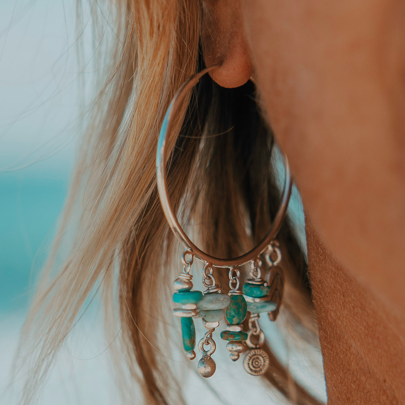 Turquoise and Larimar Sun Hoops