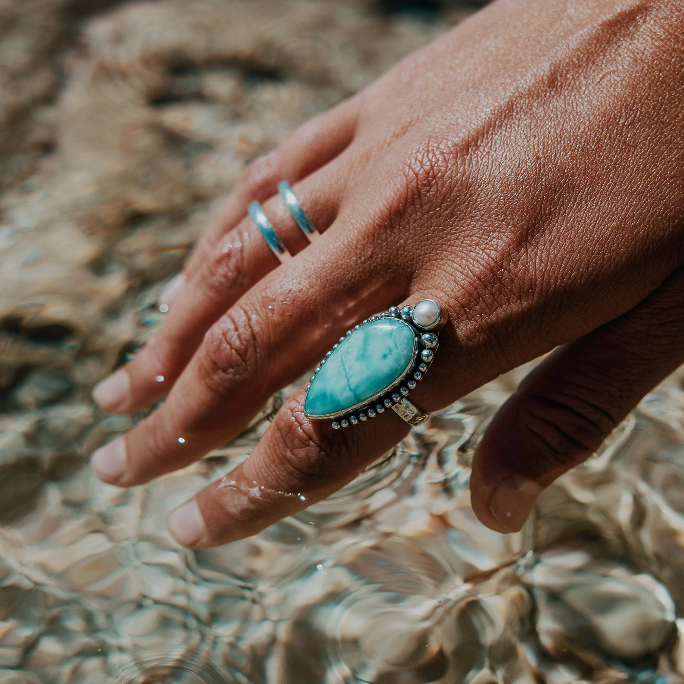 Caribbean Seas Larimar and Pearl Ring