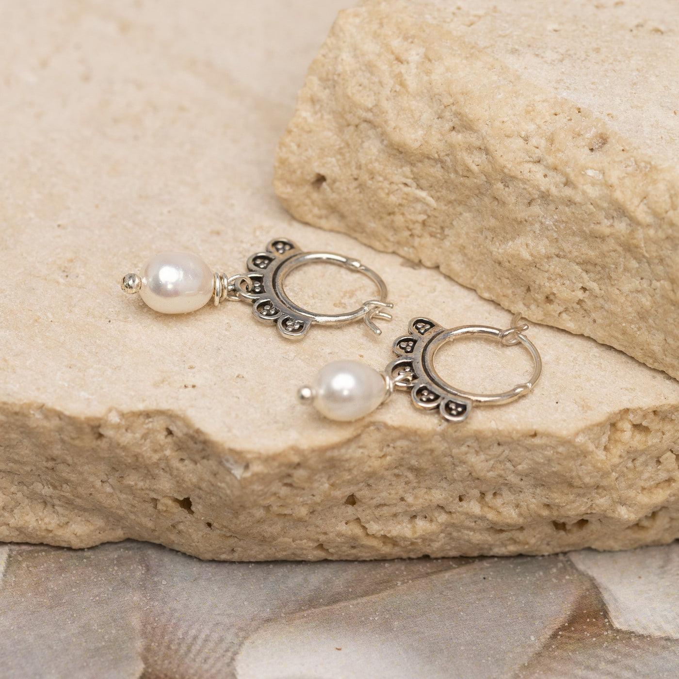 Silver Cloudy Hoops with Pearl