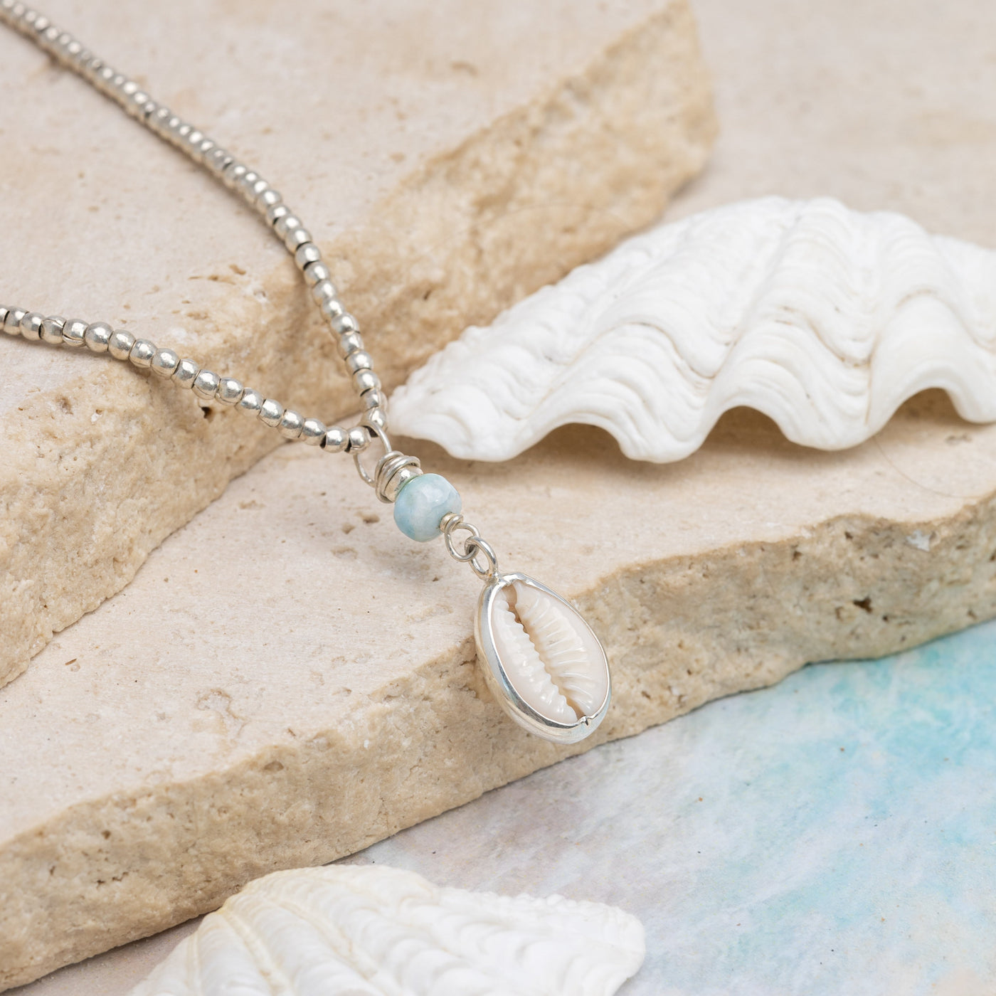 Ocean Cowrie Necklace with Larimar