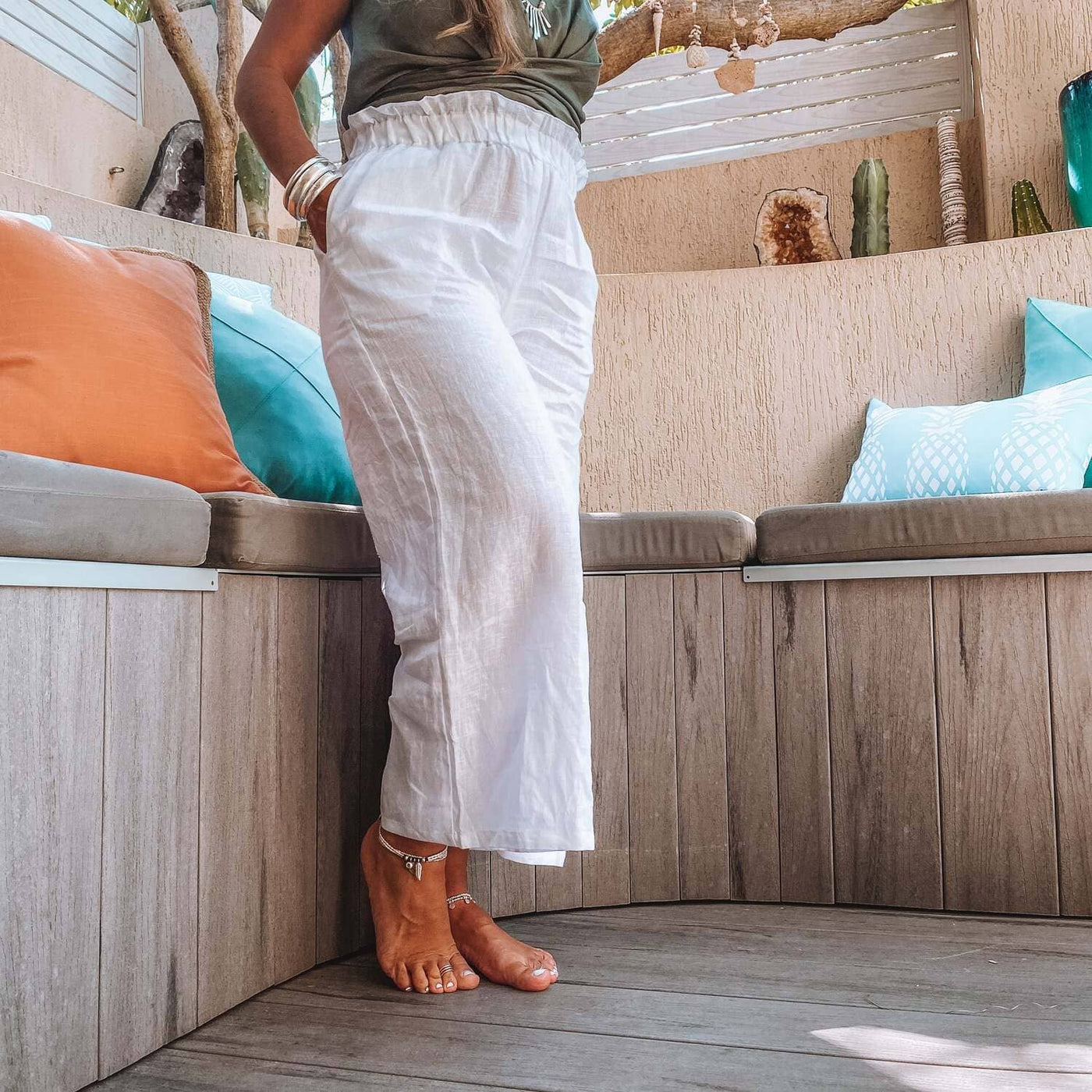 White Linen Puglia Pants With Side Pocket